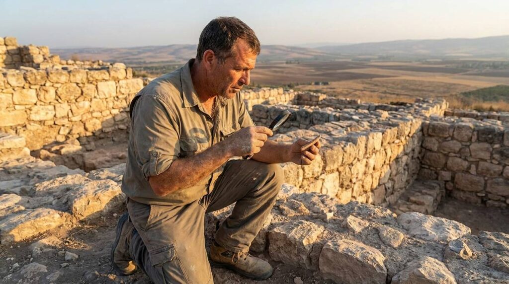 Israeli archaeologist examines ancient ruins at Shunem in evening light.