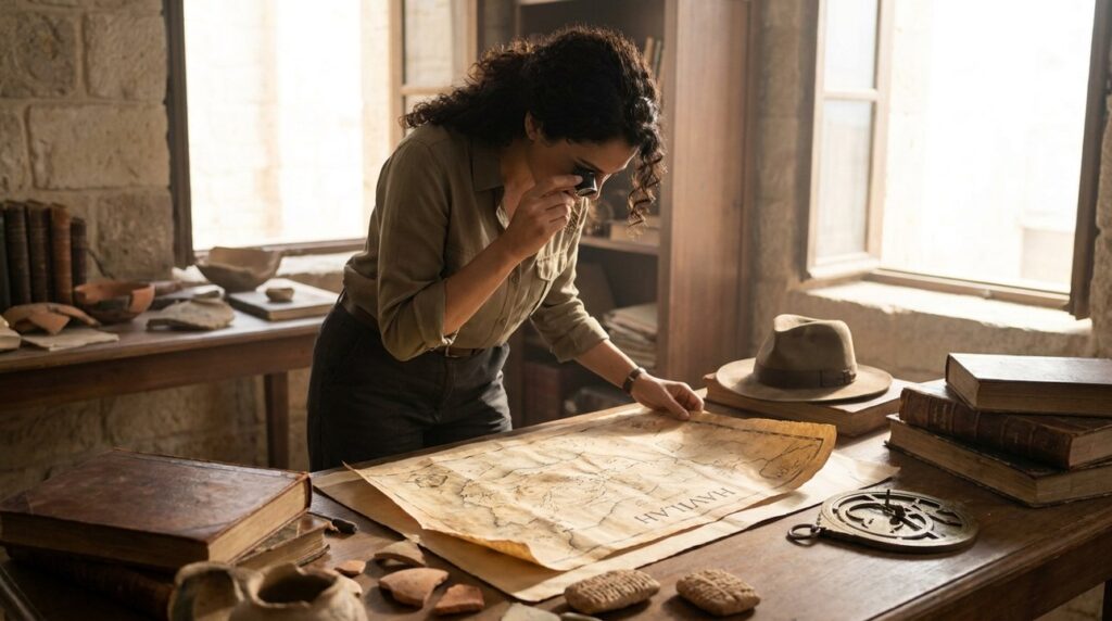Middle-Eastern archaeologist examines ancient Havilah map among books and artifacts.