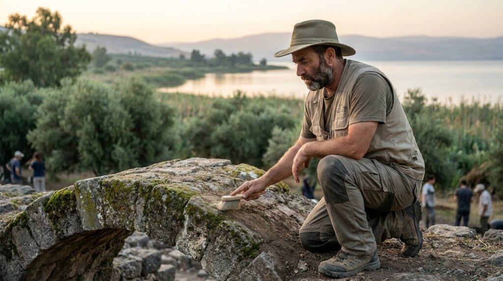 Israeli archaeologist examines ancient ruins at Tabgha near Sea of Galilee.