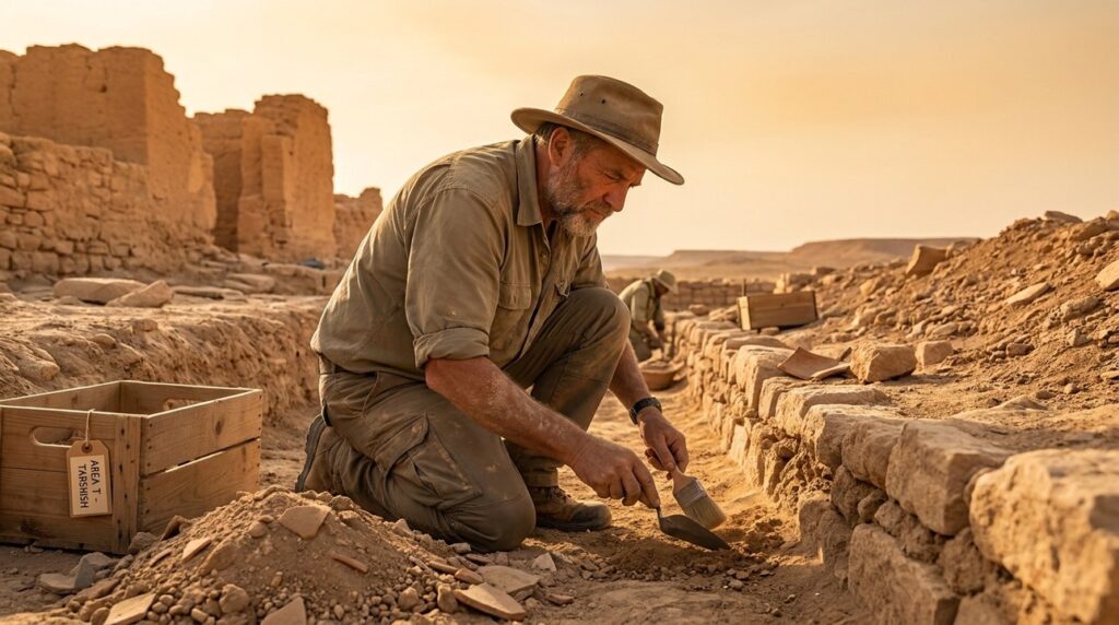 Israeli archaeologist excavating ancient ruins in a desert at sunset.