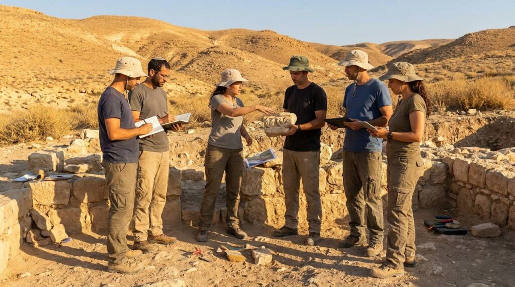 Diverse archaeologists examining ancient ruins in a desert landscape.