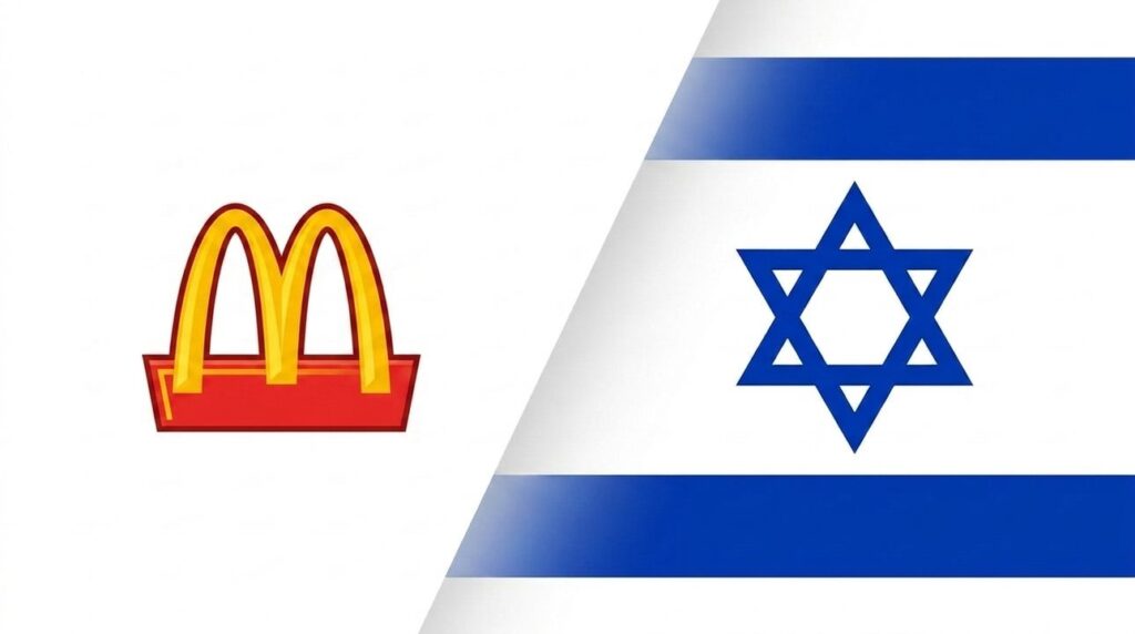McDonald's logo merged with the Israeli flag in a graphic.