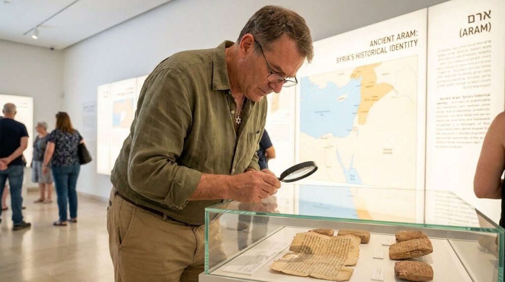 Israeli historian examines ancient scrolls in Jerusalem museum display.