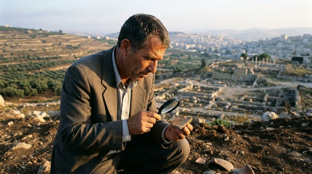 Israeli man in business attire examining artifacts at Shechem site.