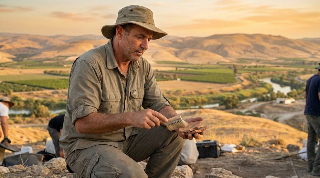 Israeli archaeologist examining pottery shards in the Jordan Valley.