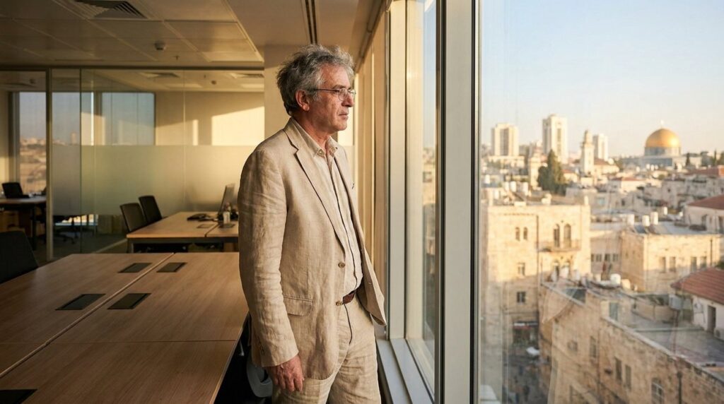 Israeli man in suit stands in office, overlooking Jerusalem cityscape.