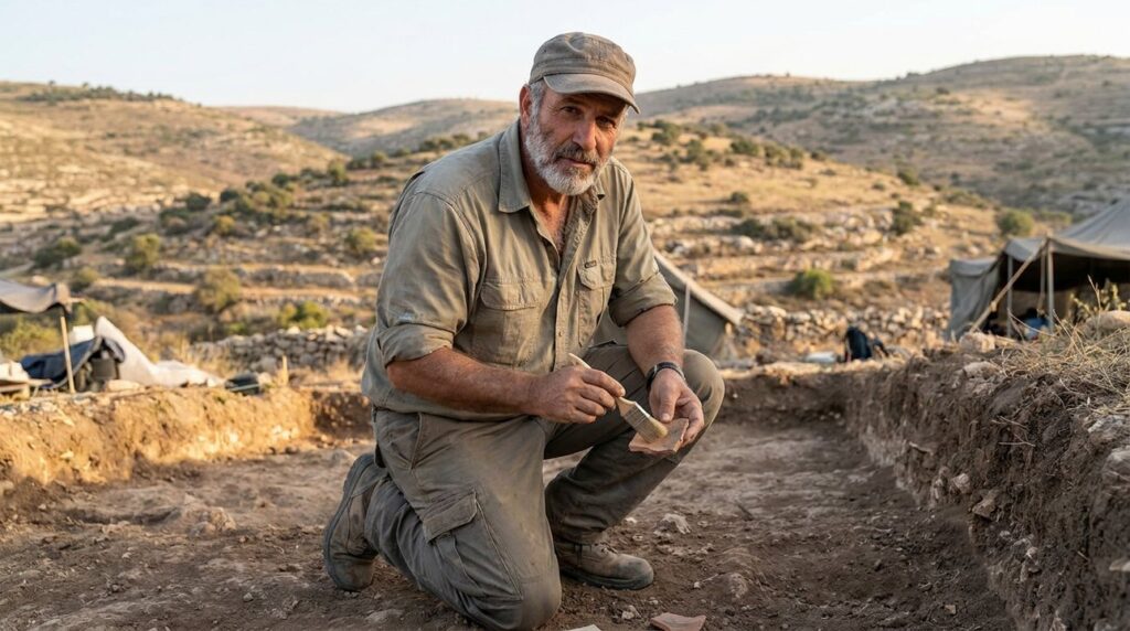 Israeli archaeologist examines artifacts at Hebron Valley excavation site.