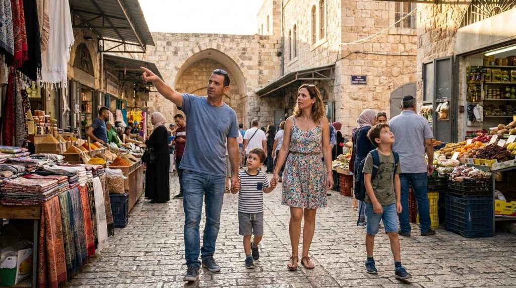 Israeli family of four explores a bustling market in Nazareth.
