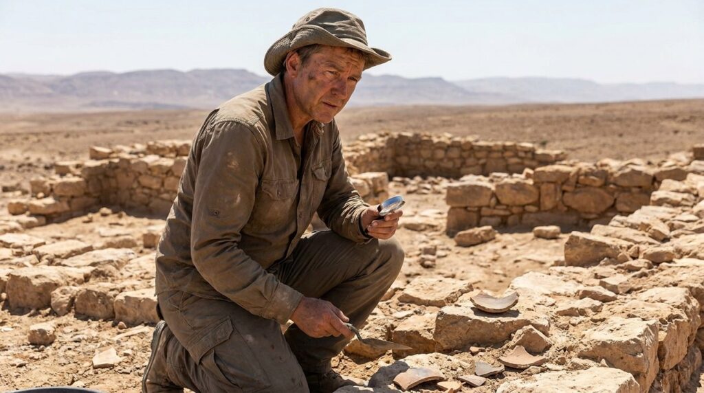 Archeologist examining ancient ruins in Negev desert.