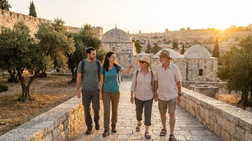 Israeli family of diverse ages walking through Mount Zion at dusk.