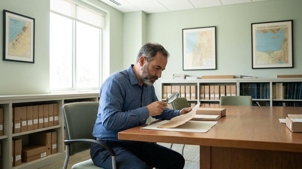 Palestinian historian examines ancient scrolls in a modern archive room.