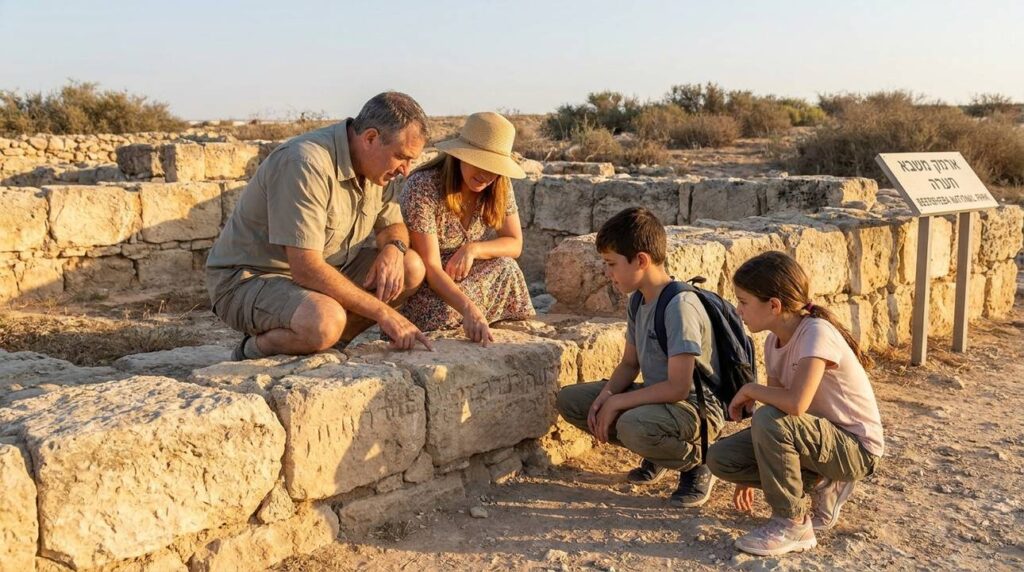 Israeli family explores Beersheba ruins in late afternoon sunlight.