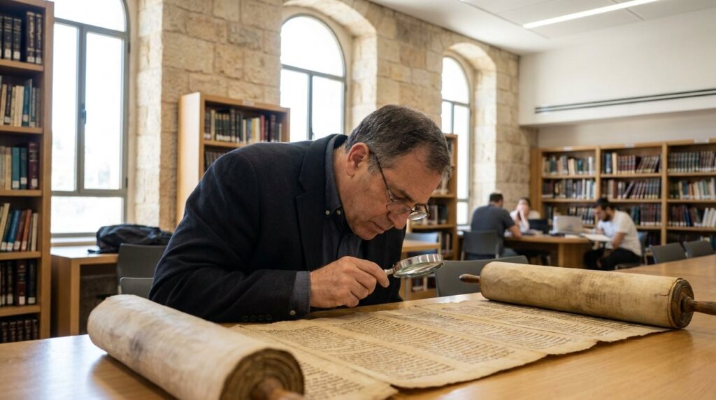 Israeli scholar examines ancient manuscripts in modern library with Jerusalem stone.