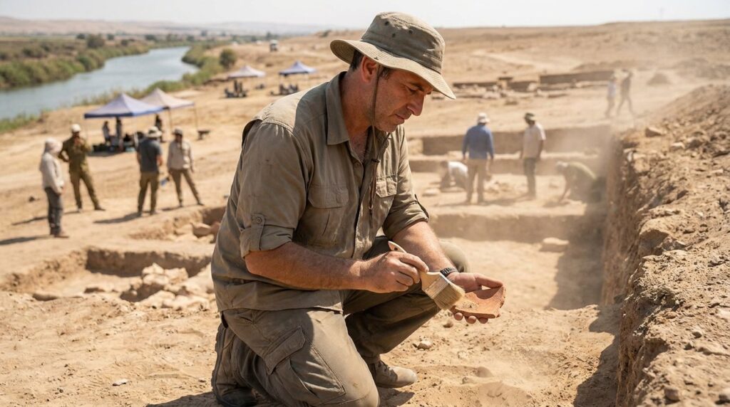 Israeli archaeologist examines terracotta fragment at Euphrates river excavation site.
