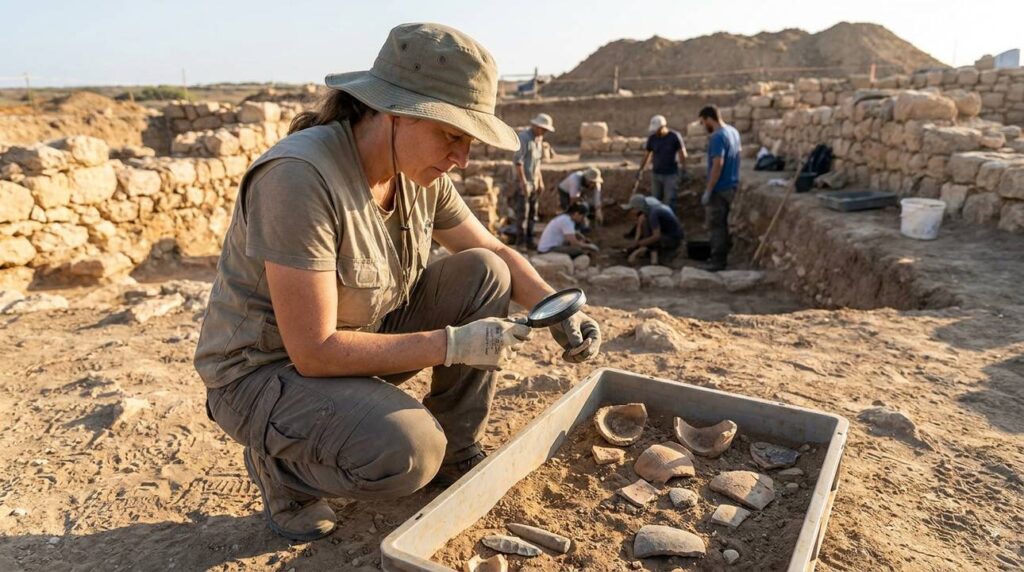 Israeli archaeologist examines artifacts at Philistine dig site in Israel.