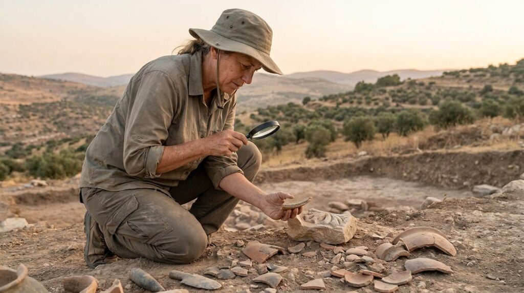 Israeli archaeologist examines artifacts at Samaria site, hills in background.