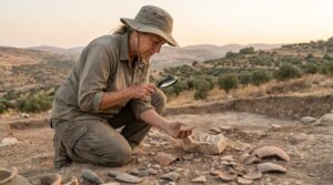 Israeli archaeologist examines artifacts at Samaria site, hills in background.