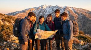 Diverse group of young Israeli hikers examining a map on Mount Hermon.