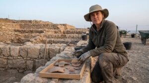 Archaeologist examines ancient artifacts at a dig site in morning light.