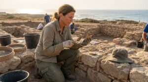 Israeli archaeologist examining artifacts at coastal dig site in morning light.