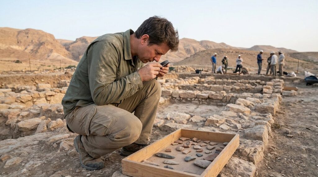 Archaeologist examines artifacts at Zoar ruins in soft morning light.