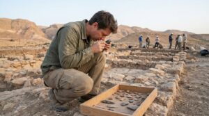 Archaeologist examines artifacts at Zoar ruins in soft morning light.