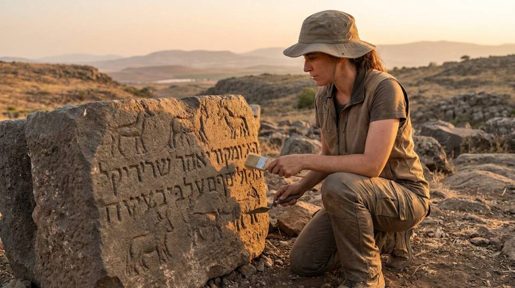 Israeli archaeologist examines ancient carvings in Golan Heights ruins.