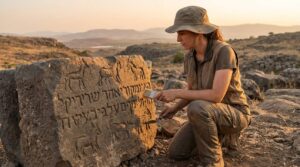 Israeli archaeologist examines ancient carvings in Golan Heights ruins.