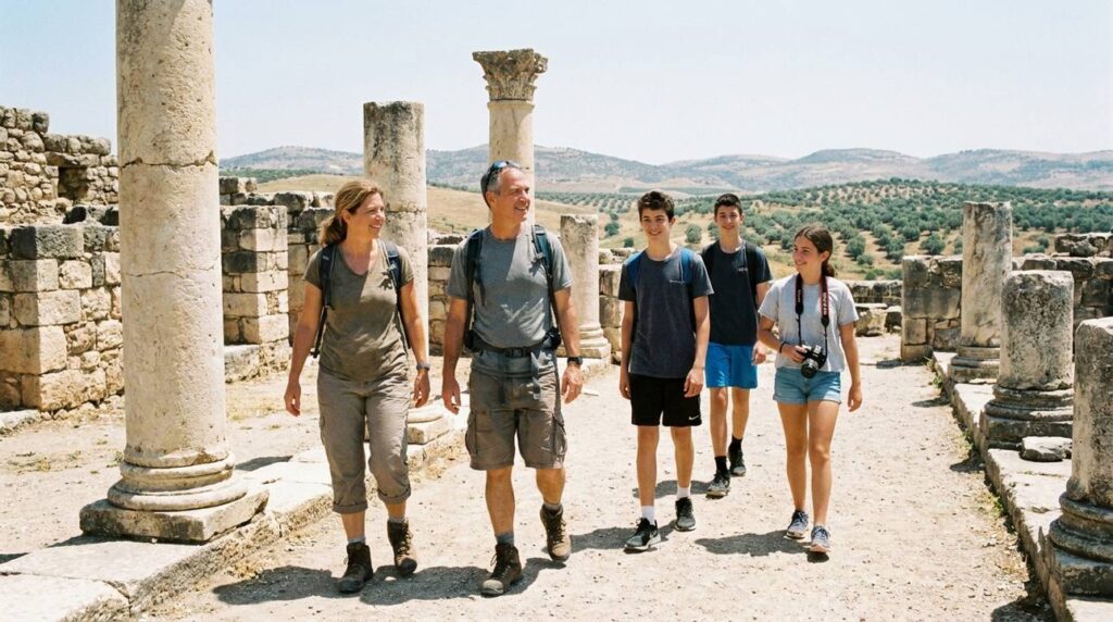 Israeli family explores ancient Gilead ruins under bright sunlight.