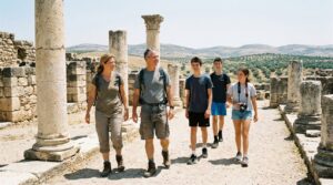 Israeli family explores ancient Gilead ruins under bright sunlight.
