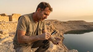 Israeli archaeologist examines artifacts at Dead Sea excavation site.