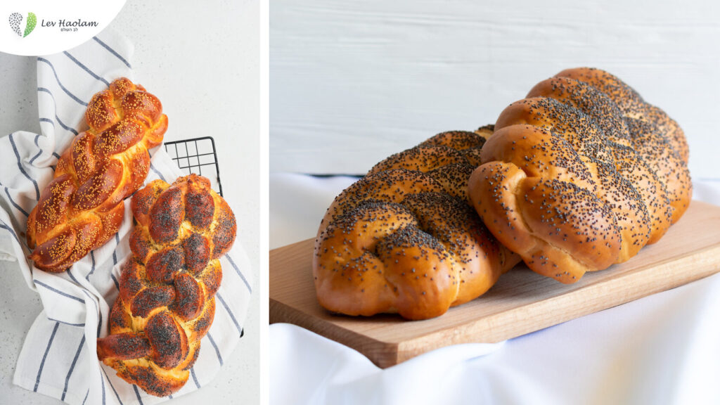 A beautifully braided Challah loaf on a wooden board