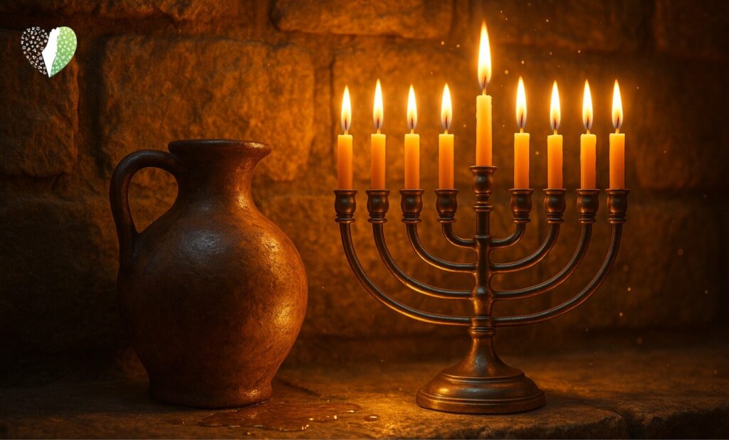 Family lighting menorah together in cozy living room