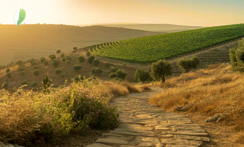 A scenic view of Shilo's sunlit vineyards
