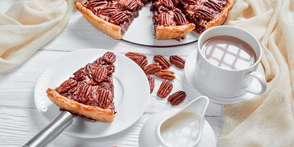 Close-up of pecans glazed with honey on the pie