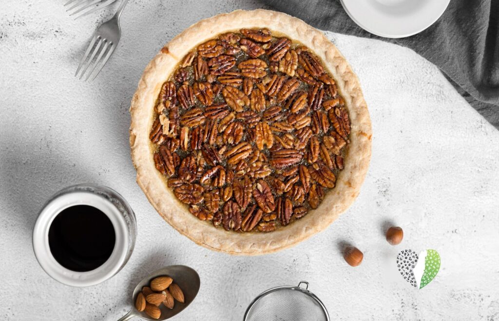 A slice of honey pecan pie with a golden crust