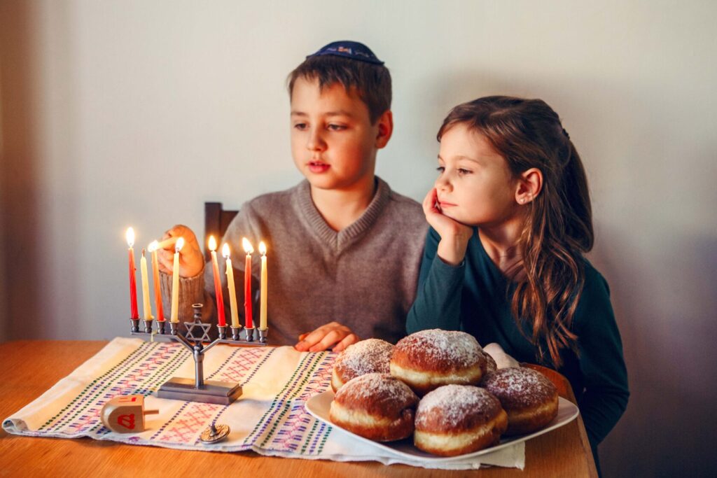 Traditional Hanukkah foods on a festive table