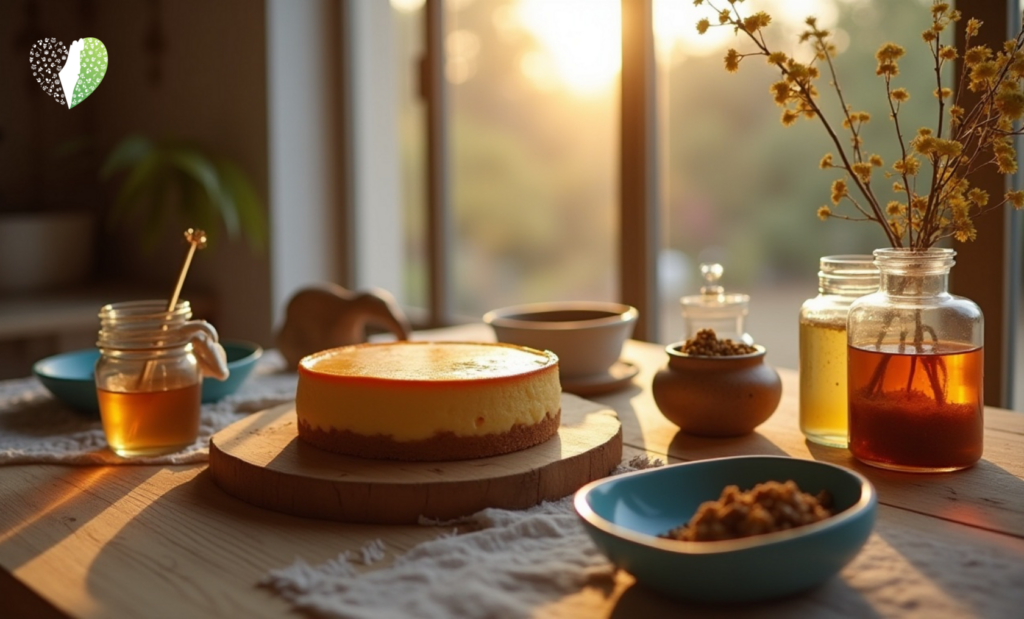 Family gathered around a table enjoying cheesecake
