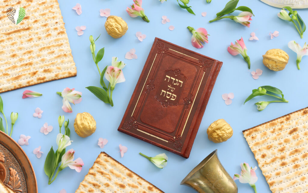 Passover Seder table with symbolic foods and wine