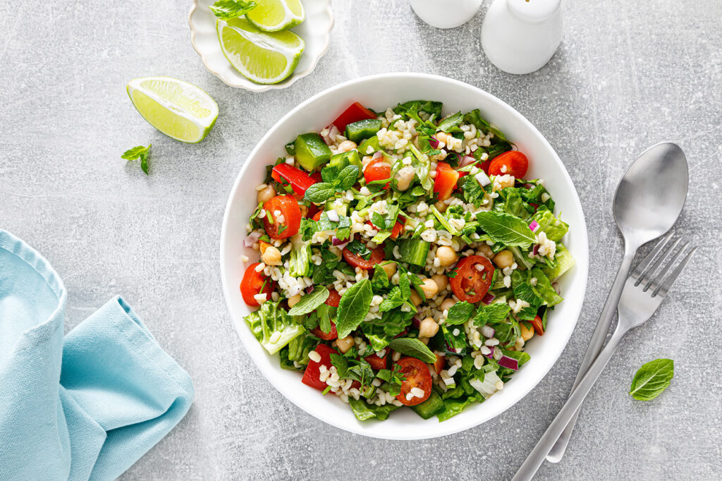 Close-up of colorful Israeli salad with fresh vegetables