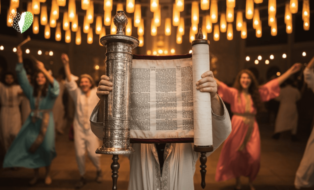 Group of Israelis celebrating with Torah scrolls outdoors
