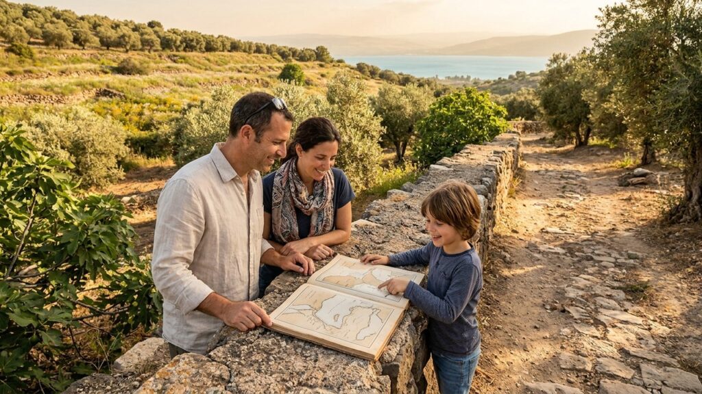 Warm golden-hour view of an inviting Israeli landscape with visitors, vibrant natural colors