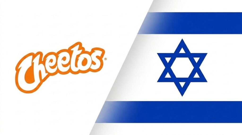 Cheetos logo superimposed on an Israeli flag background.