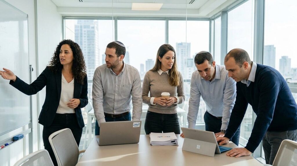 Diverse Israeli professionals discuss strategies around a conference table.