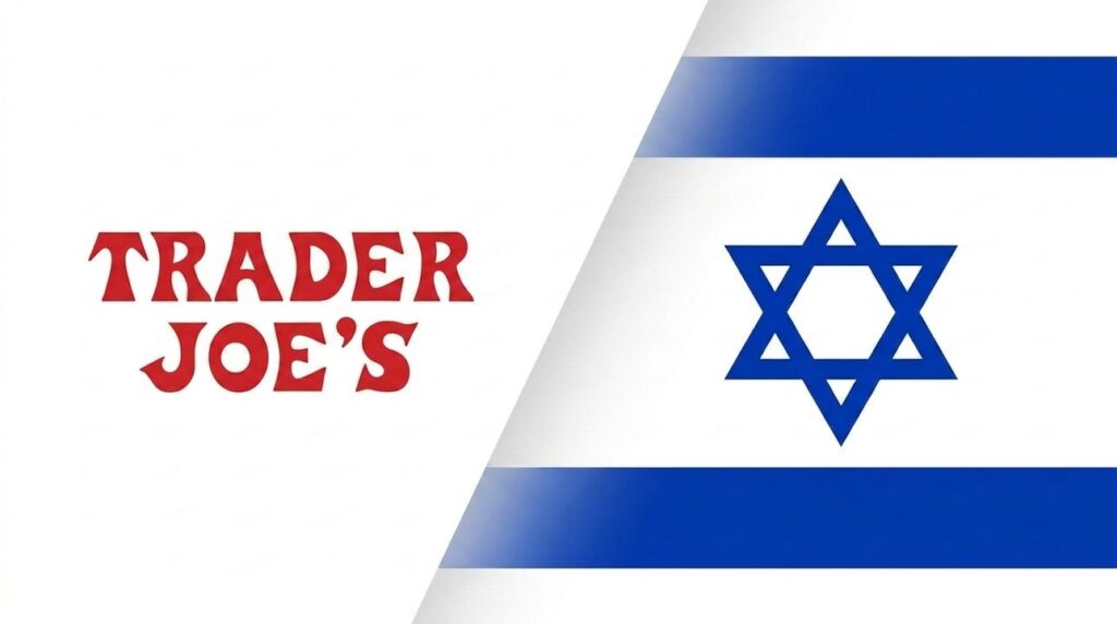 Trader Joe's logo combined with the Israeli flag in background.