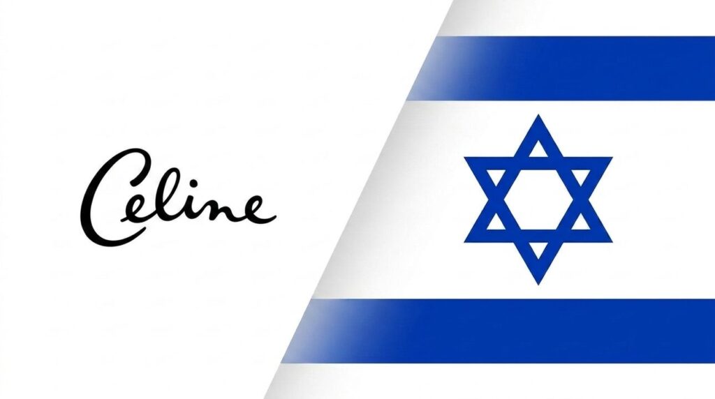 Celine logo merged with an Israeli flag in a graphic layout.
