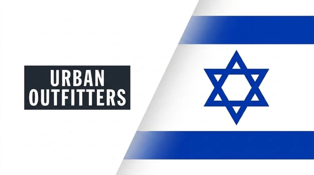 Urban Outfitters logo combined with Israeli flag in graphic layout.