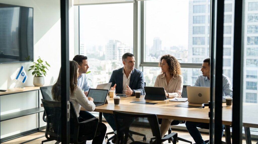 Israeli business professionals discussing around a conference table with laptops.
