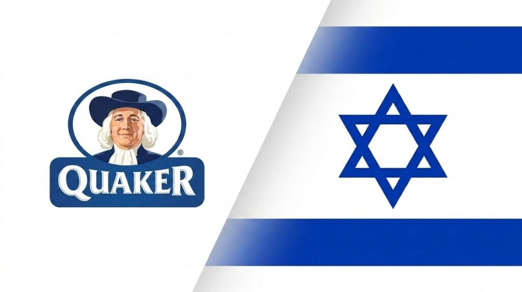 Quaker logo merged with Israeli flag in a graphic layout.