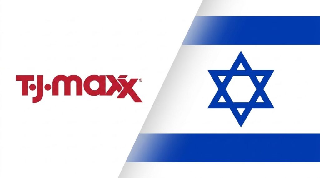 TJ Maxx logo combined with the Israeli flag in a graphic.